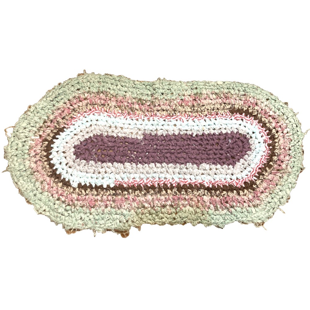 Multi-color Oval Hand Braided Reversible Area Rug 23" X 45" Seafoam Green Pink